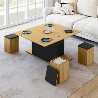 IDMarket Mesa De Centro Rectangular Convertible En Mesa De Comedor Eden De Madera Y Negro Con Reposapi&eacute;s