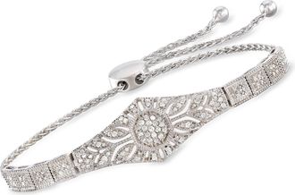 Ross-Simons Diamond Floral Openwork Bolo Bracelet in Sterling Silver