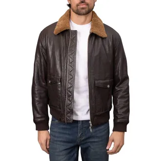Bagatelle Washed Leather Aviator Jacket with Genuine Shearling Collar in Espresso at Nordstrom, Size Medium