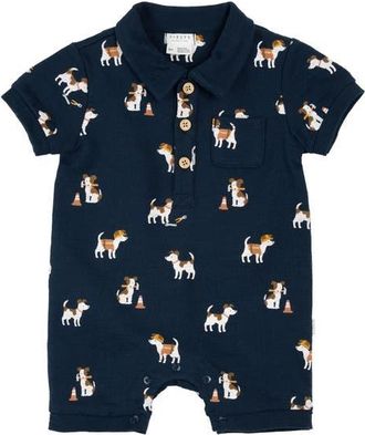 Petit Lem Pups At Work Organic Cotton Polo Romper in Navy at Nordstrom, Size 18M