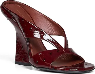 Dries Van Noten Womens Heeled Mules Ostrich-Embossed Calf Leather Burgundy Sandal