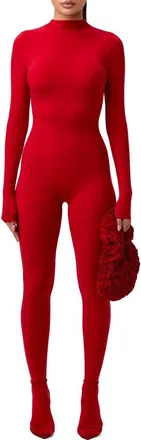 Naked Wardrobe Long Sleeve Closed Toe Jumpsuit in Red at Nordstrom, Size Small