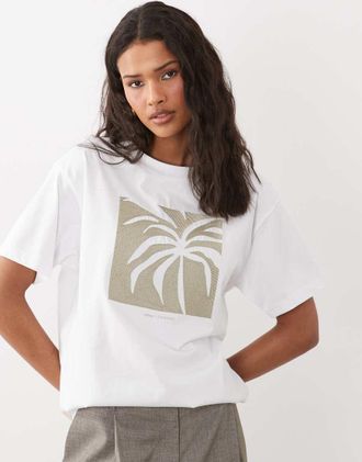 A|X Armani Exchange t-shirt con stampa palma di perline bianca-Bianco