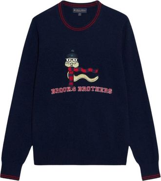 Brooks Brothers Wollen Blend Crewneck Lunar New Year Sweater - Heren - Ronde hals truien - Blauw - S - Wol - Truien & Vesten