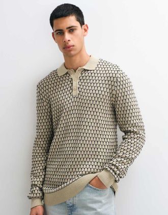 Blend maglione polo lavorato a maglia geometrico color crema-Bianco