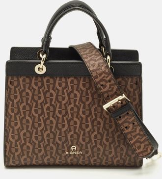 Aigner Carol Brown/black Signature Coated Canvas Top Handle Bag