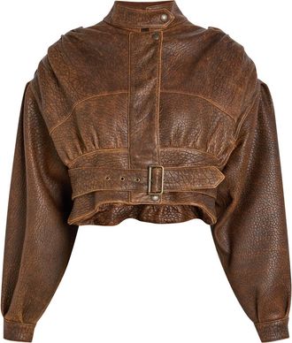 Chlo&eacute; Belted Grained Leather Cropped Bomber Jacket - Brown - 38 (UK10 / S)
