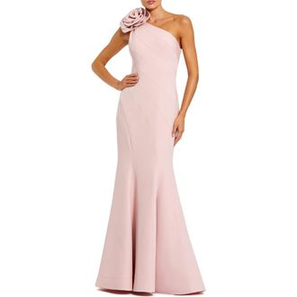 Mac Duggal Crepe One Shoulder Mermaid Gown With 3D Flower in Blush at Nordstrom, Size 6