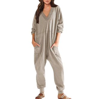 Generic Jumpsuit Womens Cuddly Oversize Jumpsuit Long Sleeve Loose V-Neck Leisure Suit Onesie Pyjama Set Loose Nightgowns Casual One-Piece Playsuit Romper Lei