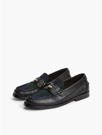 Tommy Hilfiger Womens Tartan Accent Leather Penny Loafer - Black - US 6.5 / EU 37