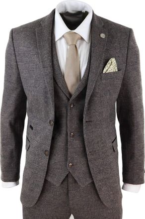 TruClothing STZ17 Wool 3 Piece Check Suit Tweed Brown