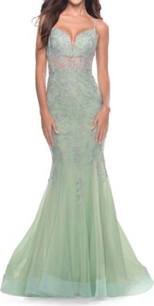 La Femme Lace And Tulle Godet Gown In Sage Green