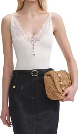 Self Portrait Rib-Knit Top With Lace Trim And Crystal Button Front