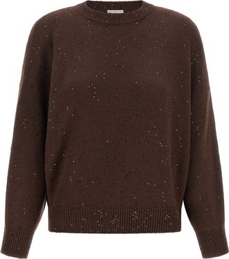 Brunello Cucinelli Brown Embellished Crew Neck Sweater
