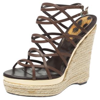 Roberto Cavalli Brown Leather Wedge Platform Espadrille Strappy Sandals