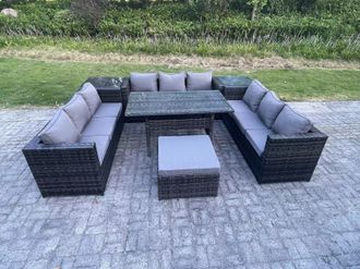 Fimous Outdoor PE Wicker Garden Furniture Rattan Lounge Sofa Set Patio Dining Table 2 Side Table 10 Seater in Dark Grey