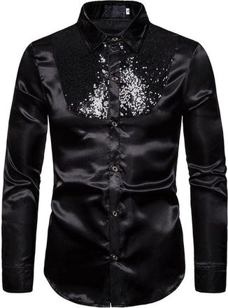 Generic Mens Shiny Satin Sequins Button Dress Shirts Long Sleeve Slim Fit Disco Party Prom Wedding Costume n9 Black