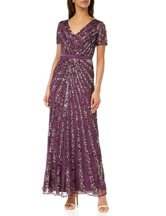 Maya Womens Maxi Ladies Embellished Sequin Dress Long Short Sleeve V Neck High Empire Waist A Cut Shiny Prom Wedding Bridesmaid, Berry, 18