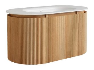 Vente-Unique Mueble de ba&ntilde;o suspendido estriado en madera de fresno con lavabo encastrado de resina blanco mate - Natural claro - An. 90 cm - LILIKO