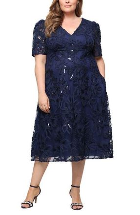 Alex Evenings Embroidered Sequin Soutache A-Line Midi Cocktail Dress in Navy at Nordstrom, Size 20W