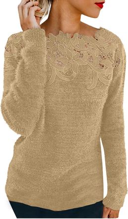 Generic HUIFUAO Lace Cashmere Jumpers Ladies Plus Size Velvet Sweaters for Women UK Long Sleeve Elegant Sexy Womens Sweatshirts and Pullover (Khaki, L)