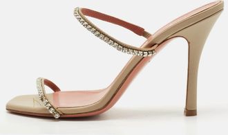 Amina Muaddi Grey Leather Crystal Embellished Gilda Slide Sandals