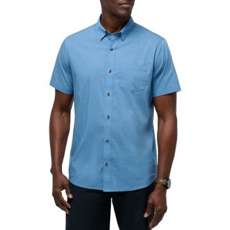 Travis Mathew Across the Pond Geo Print Short Sleeve Stretch Button-Up Shirt in Quiet Harbor at Nordstrom Rack, Size Medium