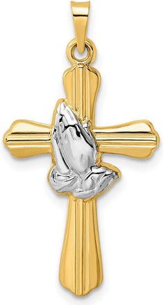 Diamond2Deal 14k Yellow Gold and White Rhodium Hollow Praying Hands Cross Pendant