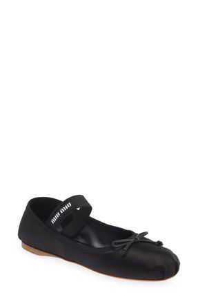 Miu Miu Logo Strap Ballet Flat in Black at Nordstrom, Size 6.5Us