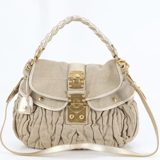 Miu Miu Beige Leather Canvas Handbag Shoulder Bag Tote Bag (Pre-Owned)