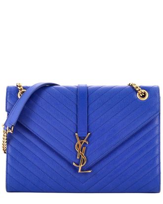 Saint Laurent Blue Matelasse Chevron Leather Classic Monogram Envelope Satchel Large (Authentic Pre-Loved)