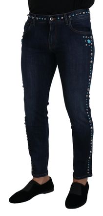 Dolce & Gabbana Mens Blue Cotton Studded Low Waist Denim Jeans Elastane Clothing