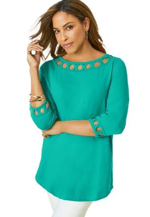 Jessica London Stretch Cotton Lattice Boatneck Tunic in Aqua Sea at Nordstrom, Size Large