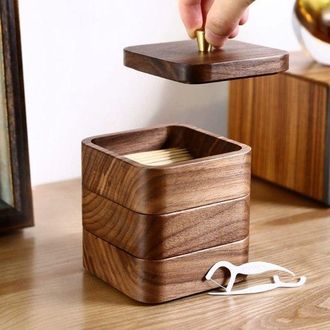 OEM Soportes De Madera Para Bastoncillos De Algod&oacute;n Con Tapa Para La Caja Organizadora Del Ba&ntilde;o: Dise&ntilde;o De Tres Niveles, Apto Para Discos De Algod&oacute;n