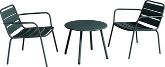 Vente-Unique Conjunto de jard&iacute;n de metal - 2 sillones bajos apilables y una mesa auxiliar - Verde abeto - MIRMANDE de MYLIA