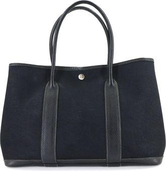 Herm&egrave;s Black Toile Officier Leather Handbag Tote Bag (Pre-Owned)