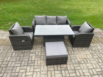 Fimous 6 Seater Rattan Outdoor Garden Furniture Sets Height Adjustable Rising lifting Dining Table Lounge Sofa Set Dark Grey Mixed