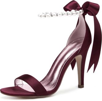 Generic Wedding Shoes Womens Satin Ankle Strap Bridal High Heelsheeled Open Toe Prom Party Dress Stiletto Sandals 10.5Cm,Burgundy,7 UK