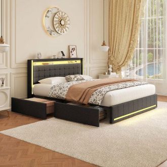 OEM Cama 140x200 Cm Gris Con Led, Puertos Usb/type-c, 4 Cajones Y Somier De Lamas