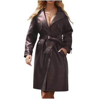Generic Womens Faux Leather Trench Coats Slim Fit Single Breasted Notched Lapel Overcoat Tie Waist Dressy Outerwear Coffee