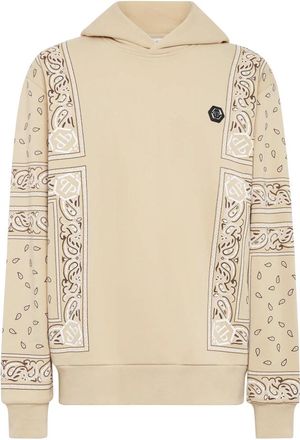 Philipp Plein Hoodie Sweatshirt Paisley Bandana - Heren - Hoodies - Beige - 4XL - Katoen - Hoodies & sweatvesten