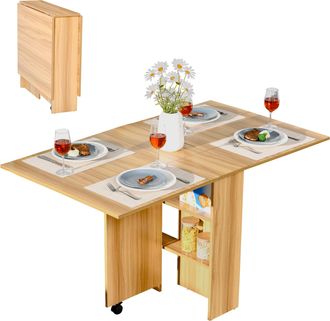 OEM Mesa De Comedor Plegable Con Ruedas Mesa Auxiliar Multifuncional Con Alas Abatibles Y Estantes 140x80x74cm Madera