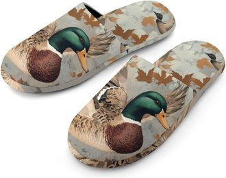 Generic Camouflage Mallard Duck Hunting Flannel Mens Slip-on Slippers Winter Warm House Shoes with Rubber Sole for Home Hotel