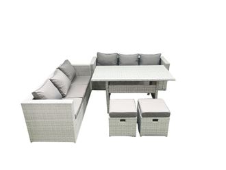 Fimous Rattan Garden Furniture Set 8 Seater Outdoor Sofa Set with Dining Table 2 Small Footstools Light Grey Mixed