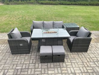 Fimous Outdoor Rattan Garden Furniture Set Propane Gas Fire Pit Table Burner with Lounge Sofa Side Tables 2 Small Footstool in Dark Grey
