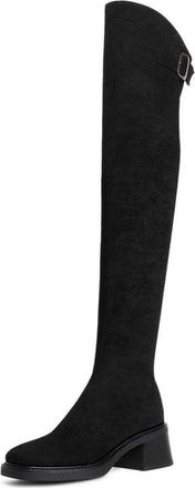 Generic Womens Over The Knee Boots PU Suede Buckle Strap Chunky Block Heels Comfortable Non Slip Durable Shoes For Daily Casual Party Evening,Black,4.5 UK