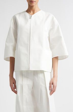 Jil Sander Darted Sleeve Cotton & Silk Poplin Zip Jacket in Latte at Nordstrom, Size 6 Us