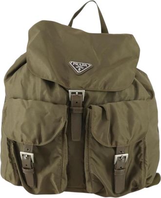 Prada Vela Double Front Pocket Backpack Tessuto With Saffiano Leather Khaki Nylon Backpack Bag (Pre-Owned)