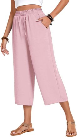 Generic Summer Trousers for Women UK Wide Leg Linen Trousers Elasticated Waist Lightweight Cotton Linen Capri Pants with Pockets 3/4 Length Cropped Pants Pala