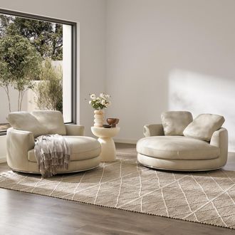 Castlery Beige Top Grain Leather Round Swivel Armchair, Set of 2, Modern Lounge Chair with 360&deg; Swivel Base, Ergonomic Design, Castlery